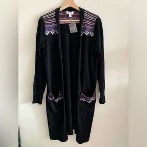 Denim & Co. Women Cardigan Small Southwestern Aztec Black Open Pockets NWOT